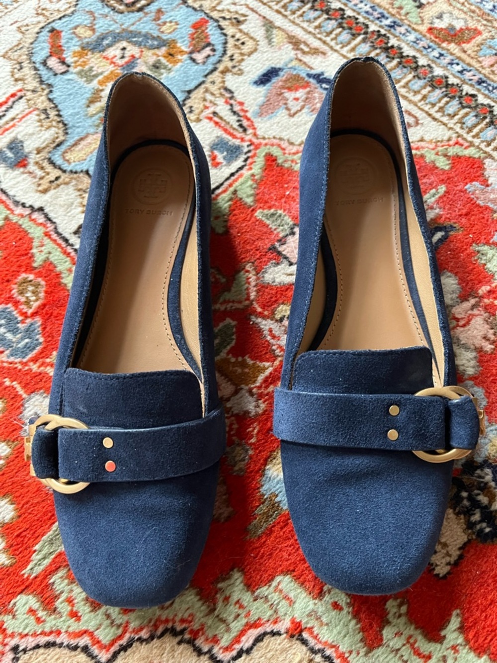 Tory Burch Logo Navy Blue Suede Marsden Ballet Flats Size 8 M